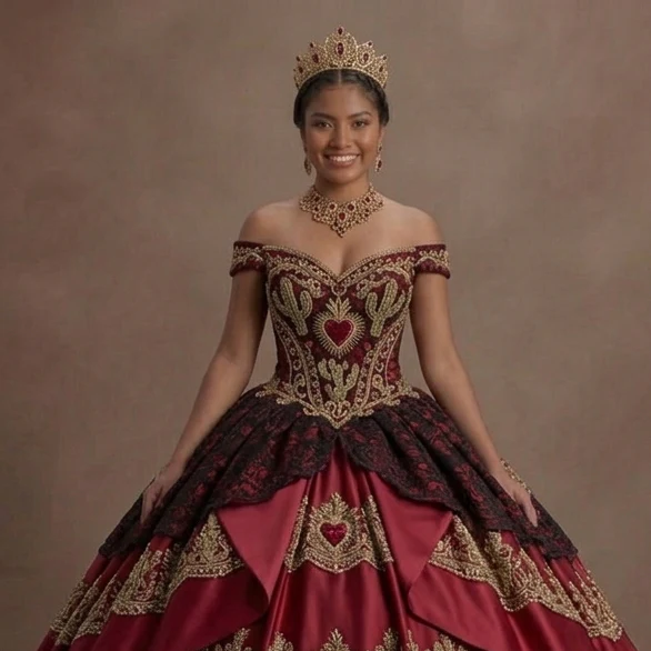 Quinceañera Ball Gown Red Lace Traditional Celebration - Image 4