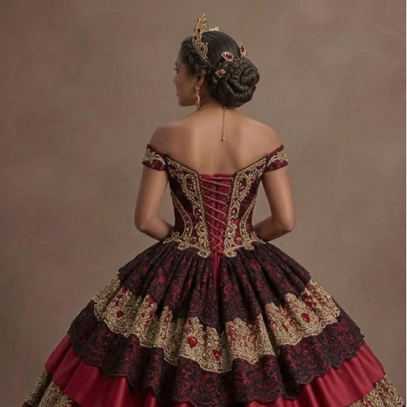 Quinceañera Ball Gown Red Lace Traditional Celebration - Image 5