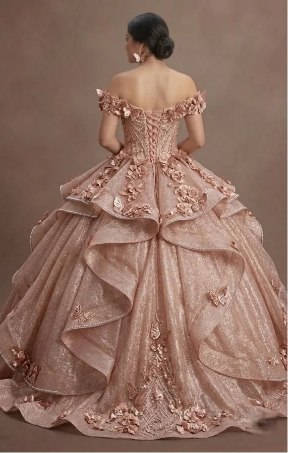 Quinceañera Ball Gown Rose Gold Glitter Tulle Glam Party - Image 3