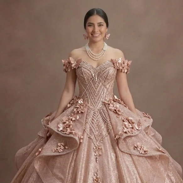 Quinceañera Ball Gown Rose Gold Glitter Tulle Glam Party - Image 4