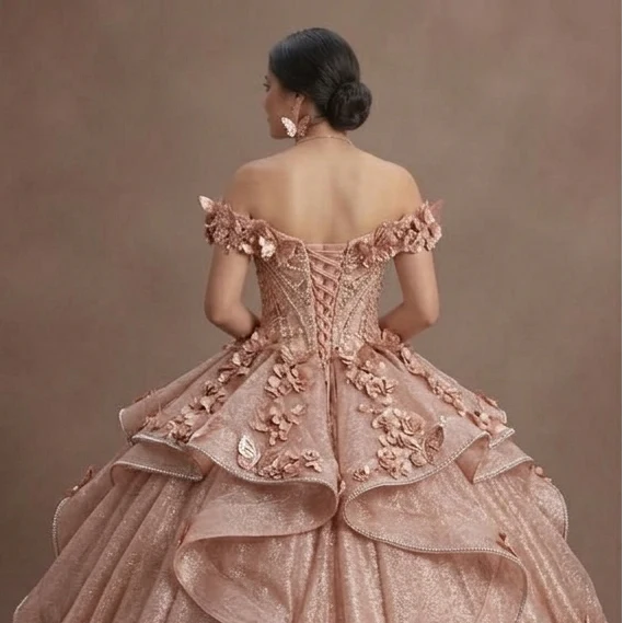 Quinceañera Ball Gown Rose Gold Glitter Tulle Glam Party - Image 5