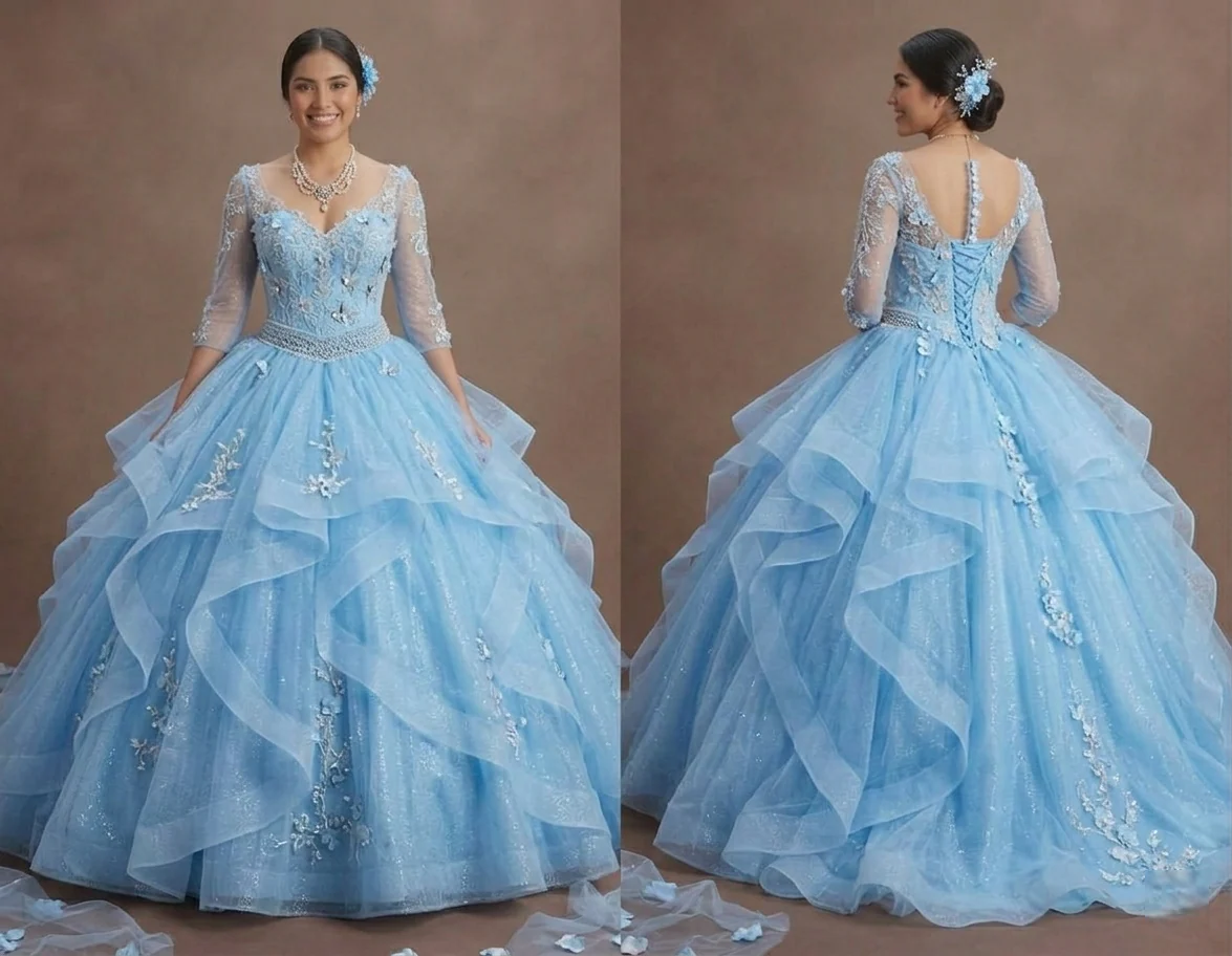 Quinceañera Ball Gown Sky Blue Glitter Tulle Fairytale Ball