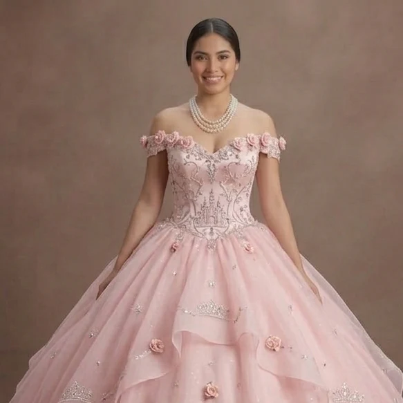 Quinceañera Ball Gown Soft Pink Organza Princess Theme - Image 4