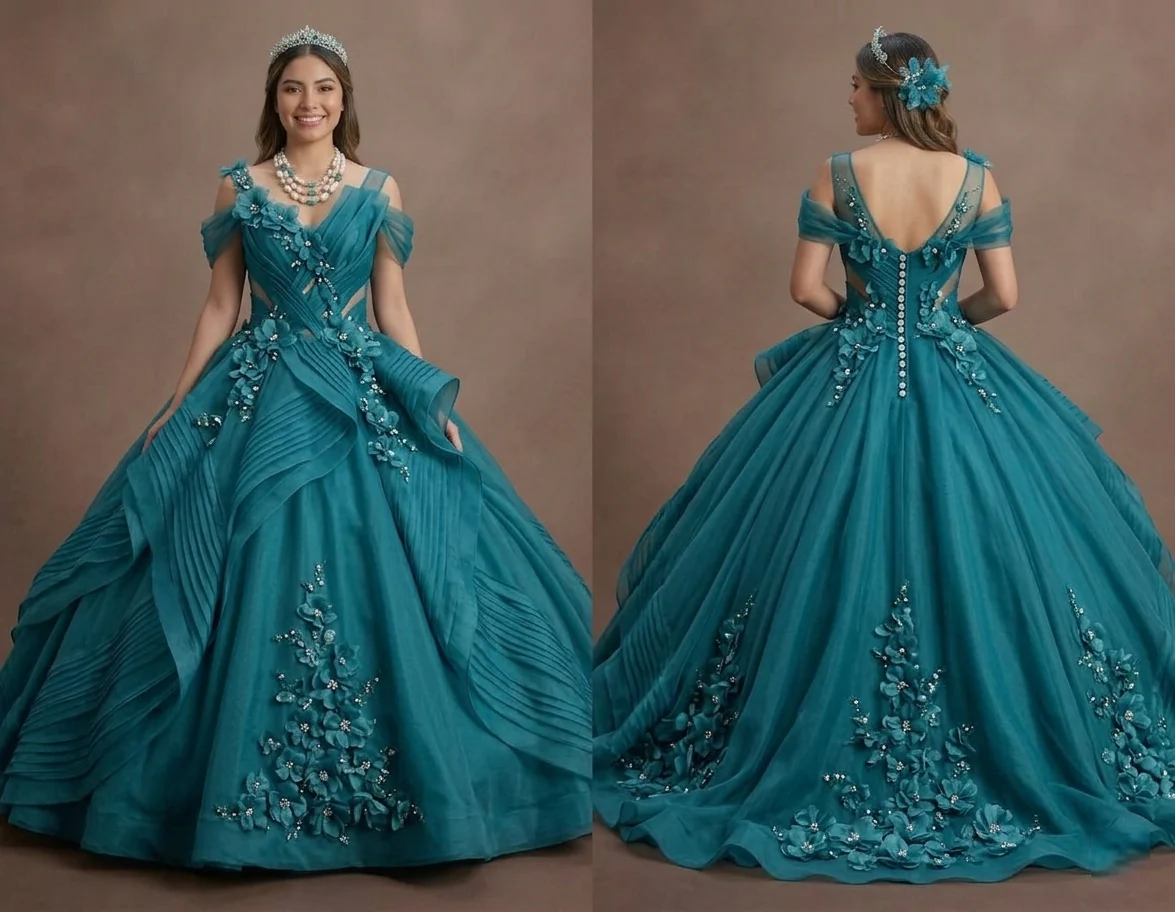 Quinceañera Ball Gown Teal Organza Royal Event