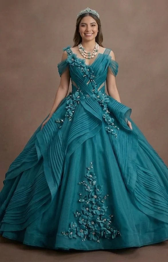 Quinceañera Ball Gown Teal Organza Royal Event - Image 2