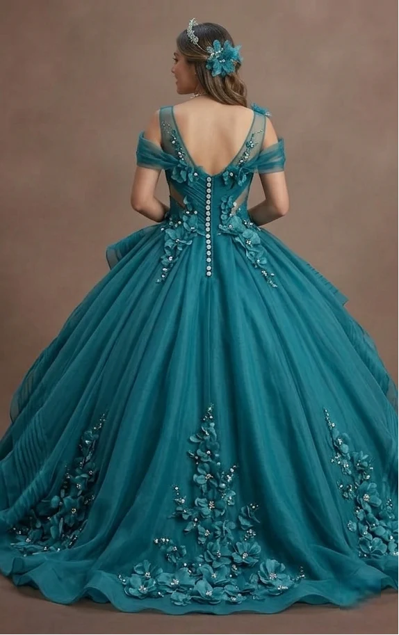 Quinceañera Ball Gown Teal Organza Royal Event - Image 3