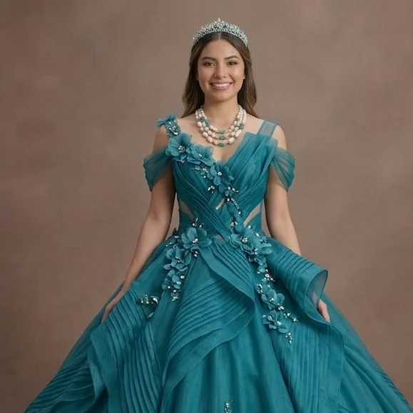 Quinceañera Ball Gown Teal Organza Royal Event - Image 4
