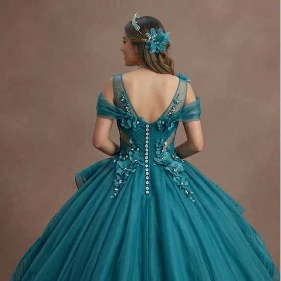 Quinceañera Ball Gown Teal Organza Royal Event - Image 5