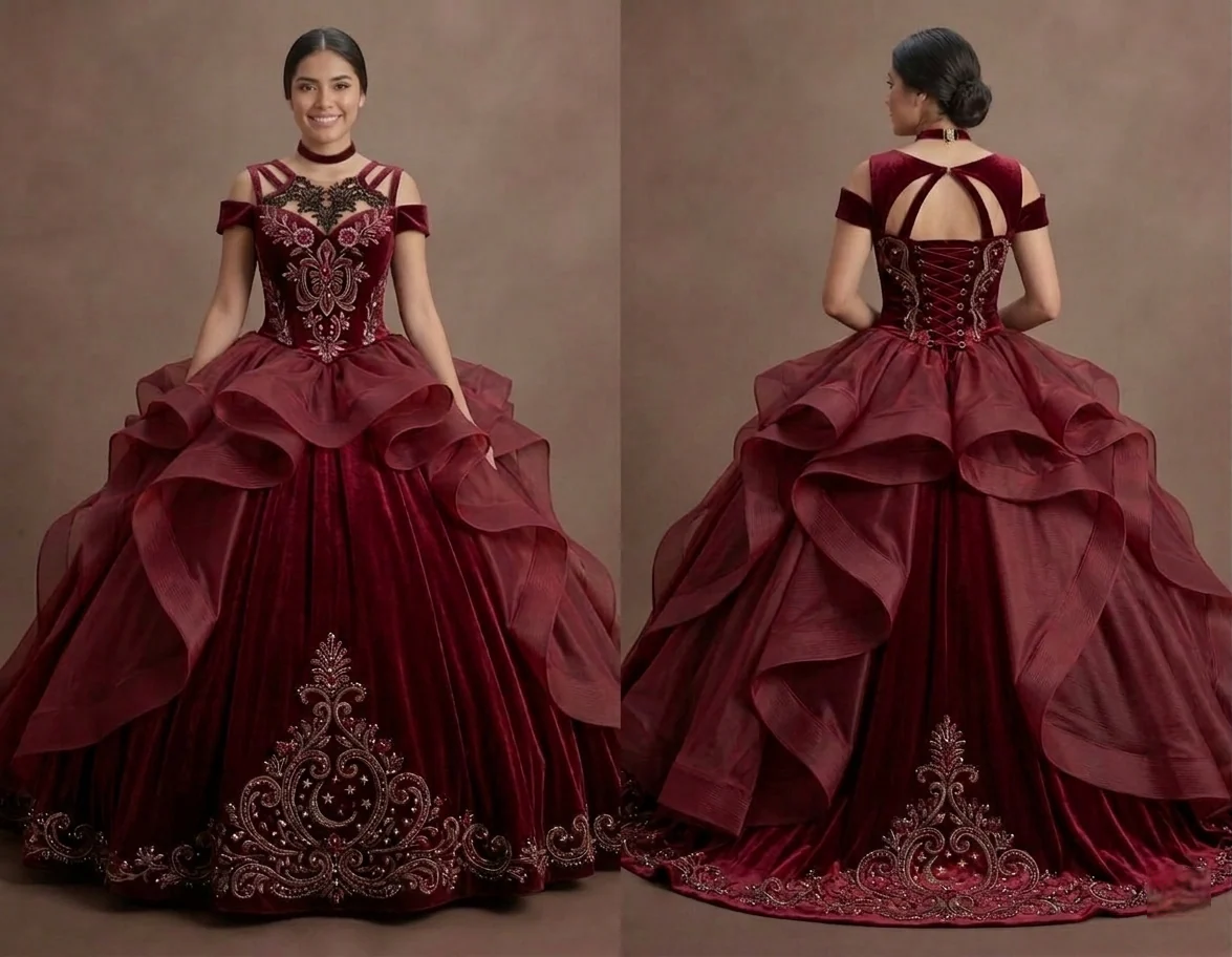 Quinceañera Ball Gown Wine Red Velvet Evening Gala
