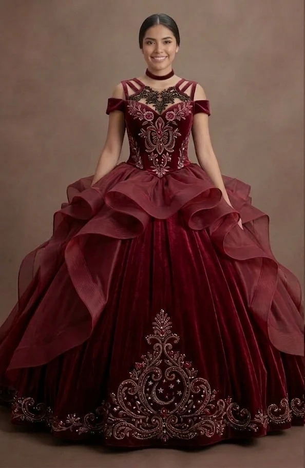 Quinceañera Ball Gown Wine Red Velvet Evening Gala - Image 2