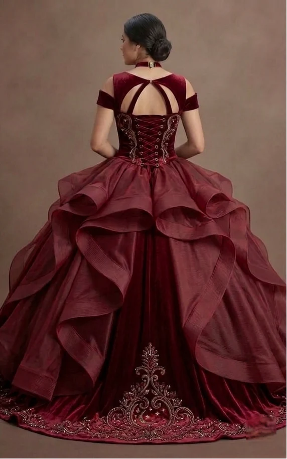 Quinceañera Ball Gown Wine Red Velvet Evening Gala - Image 3