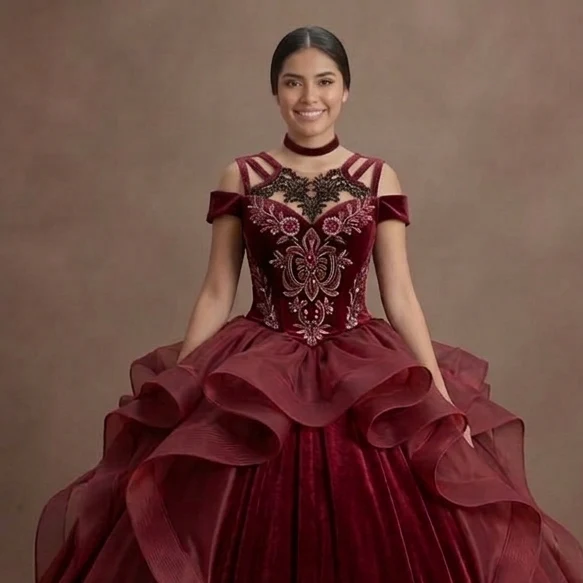 Quinceañera Ball Gown Wine Red Velvet Evening Gala - Image 4