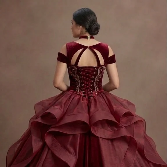 Quinceañera Ball Gown Wine Red Velvet Evening Gala - Image 5