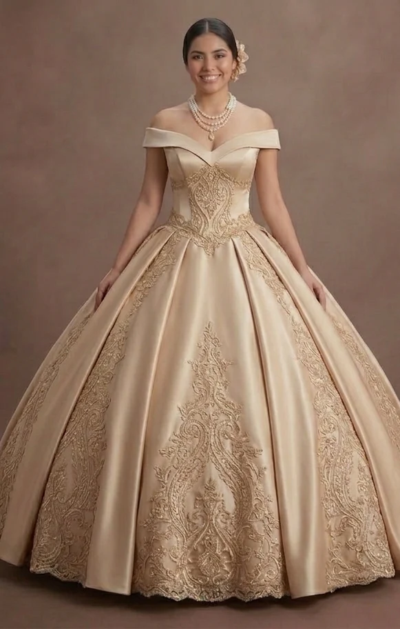 Quinceañera Dress Champagne Gold Lace Luxury Reception - Image 2