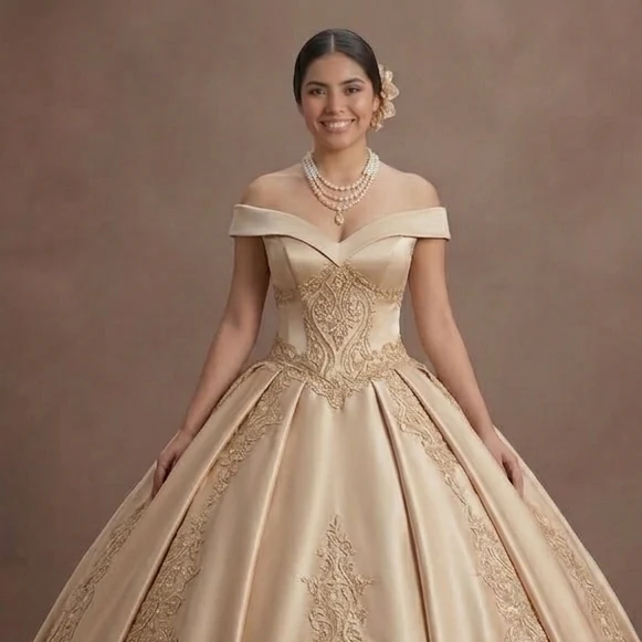 Quinceañera Dress Champagne Gold Lace Luxury Reception - Image 4