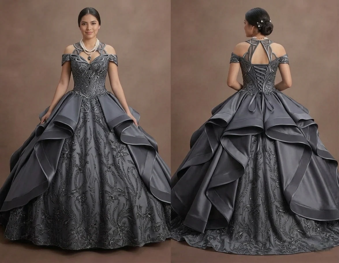 Quinceañera Dress Charcoal Gray Satin Modern Formal