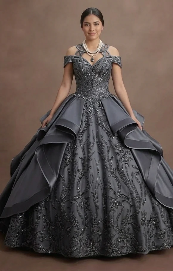 Quinceañera Dress Charcoal Gray Satin Modern Formal - Image 2