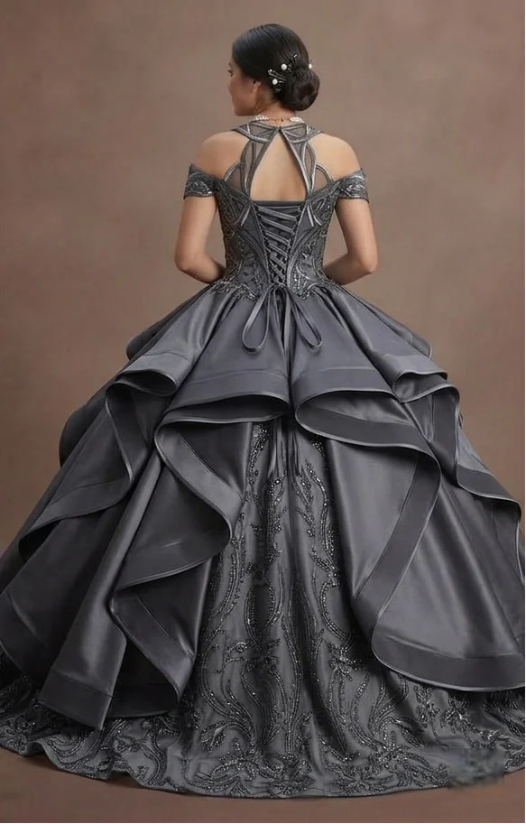 Quinceañera Dress Charcoal Gray Satin Modern Formal - Image 3