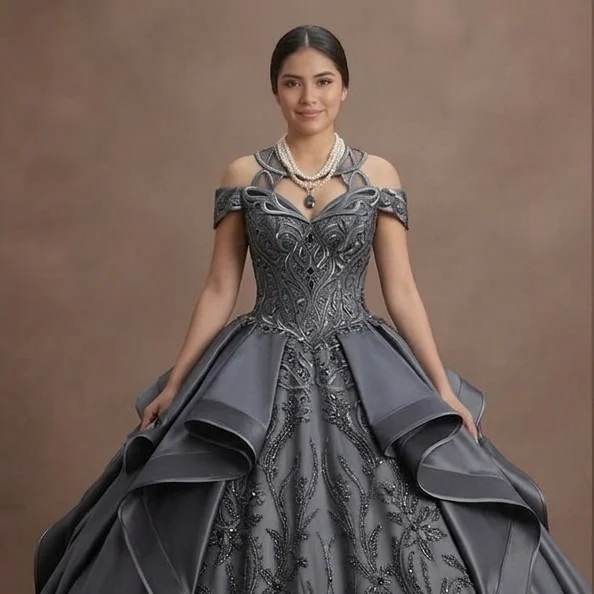 Quinceañera Dress Charcoal Gray Satin Modern Formal - Image 4