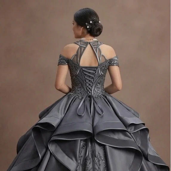 Quinceañera Dress Charcoal Gray Satin Modern Formal - Image 5