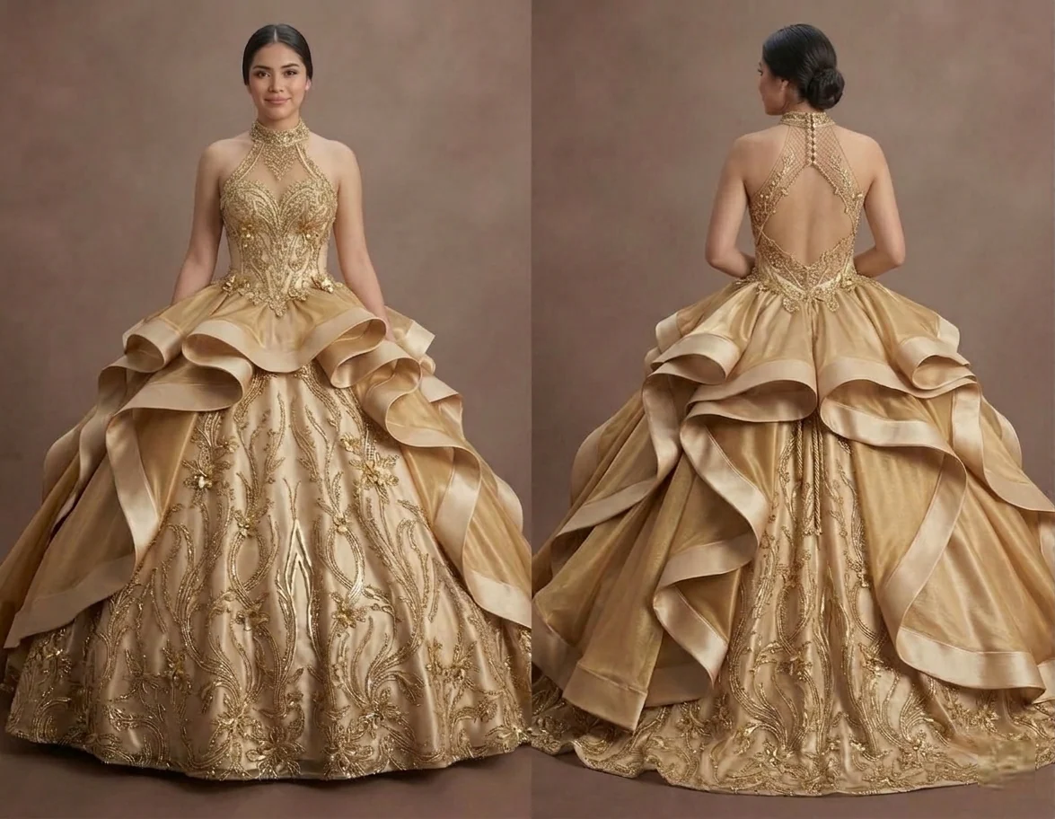 Quinceañera Dress Metallic Gold Satin Glam Event