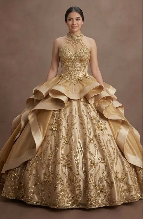Quinceañera Dress Metallic Gold Satin Glam Event - Image 2
