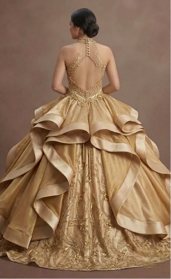Quinceañera Dress Metallic Gold Satin Glam Event - Image 3