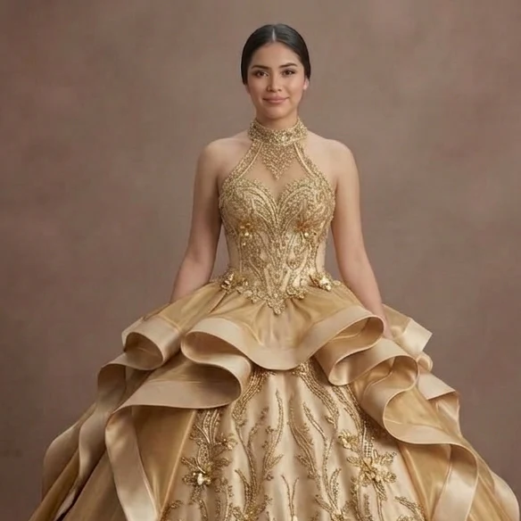 Quinceañera Dress Metallic Gold Satin Glam Event - Image 4