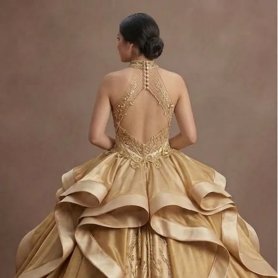 Quinceañera Dress Metallic Gold Satin Glam Event - Image 5