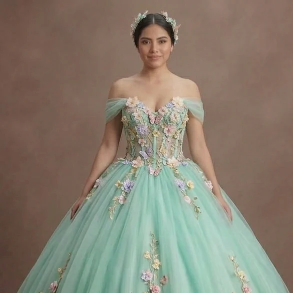 Quinceañera Dress Mint Green Tulle Spring Garden - Image 4