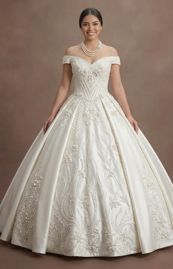 Quinceañera Dress Pearl White Satin Classic Ballroom - Image 2