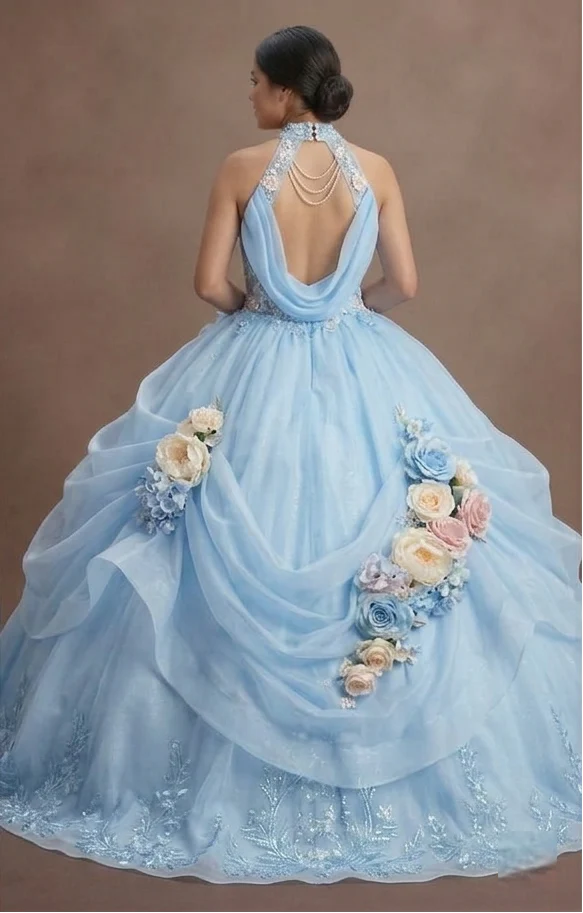 QuinceaƱera Dress Powder Blue Organza Garden Party - Image 3