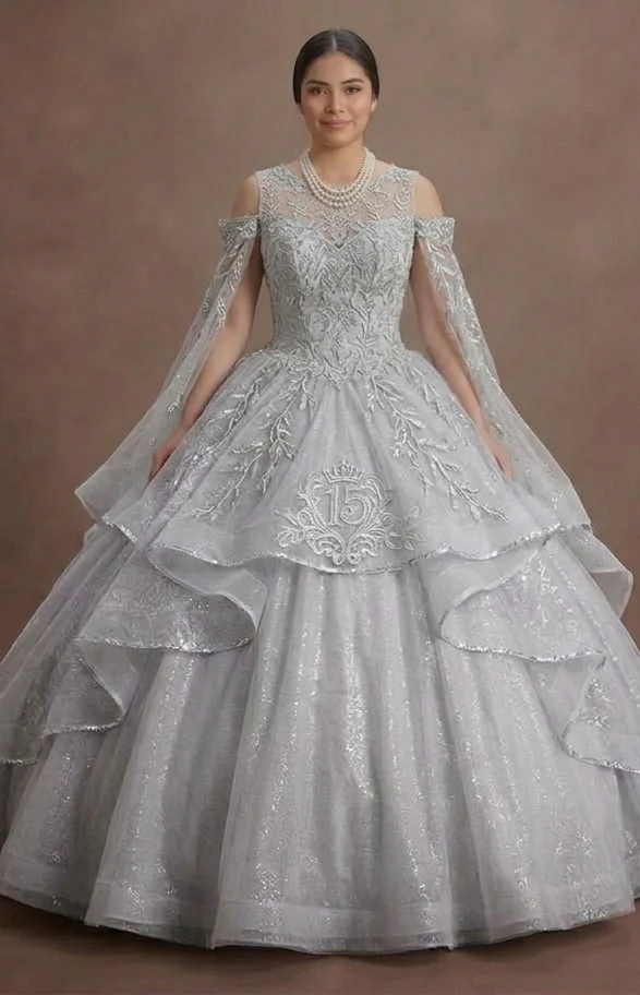 Quinceañera Dress Silver Sequin Tulle Luxury Celebration - Image 2