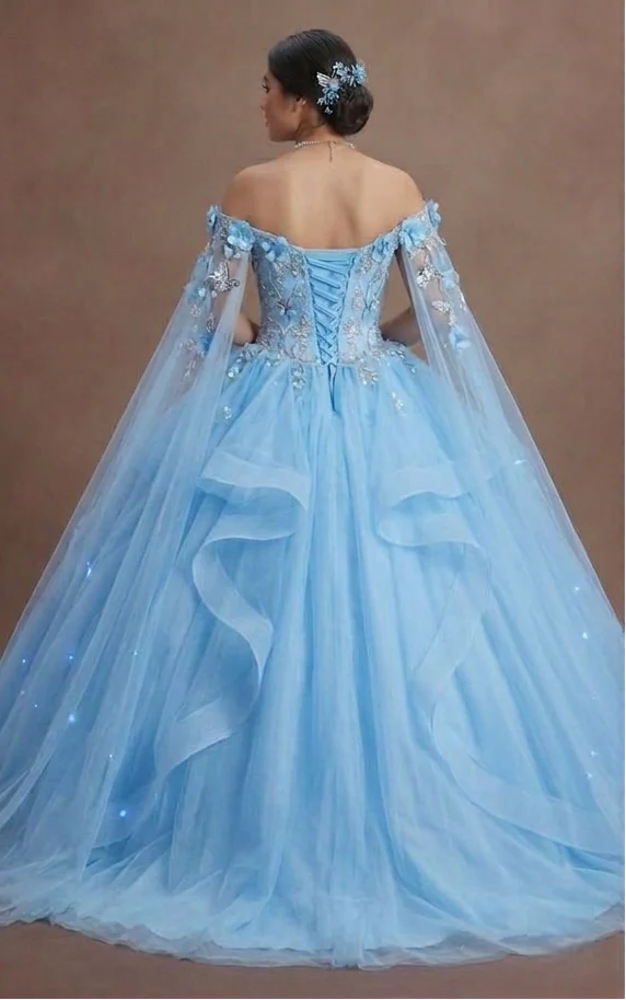 Quinceañera Dress Sky Blue Tulle Fairytale Theme - Image 3