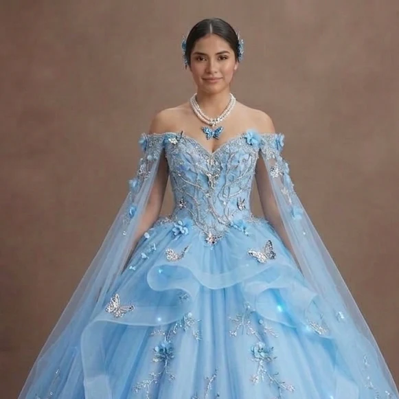 Quinceañera Dress Sky Blue Tulle Fairytale Theme - Image 4