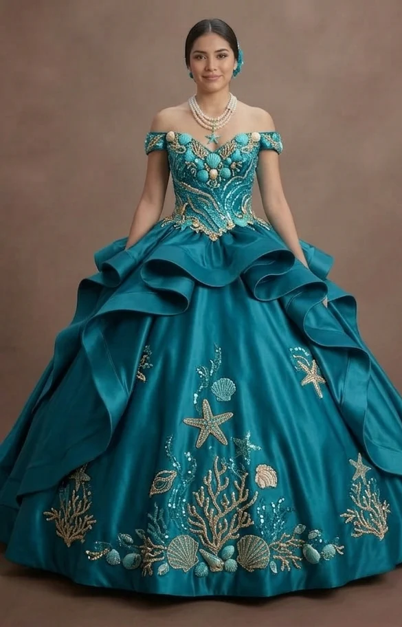 Quinceañera Dress Turquoise Satin Beach Theme - Image 2
