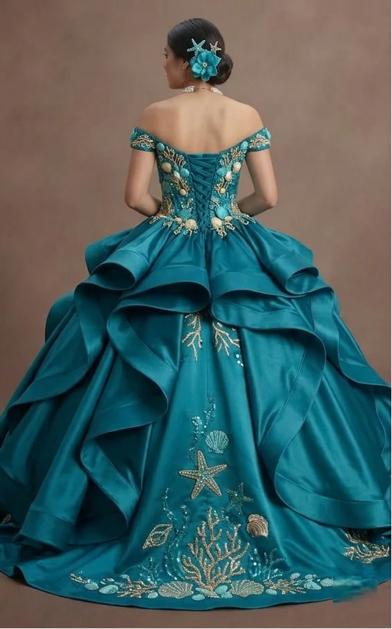 Quinceañera Dress Turquoise Satin Beach Theme - Image 3