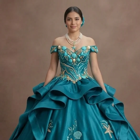 Quinceañera Dress Turquoise Satin Beach Theme - Image 4