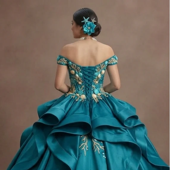 Quinceañera Dress Turquoise Satin Beach Theme - Image 5