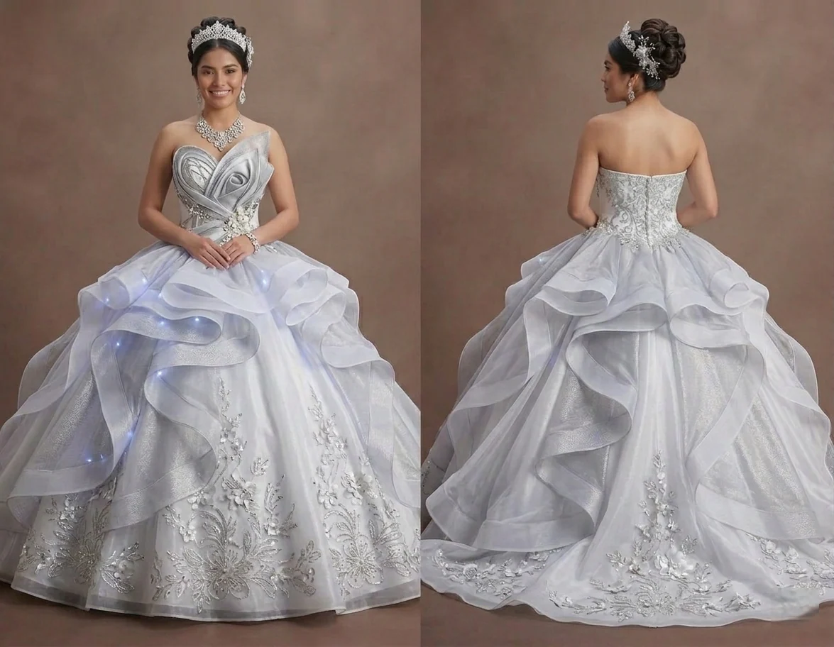 Quinceañera Dress White Silver Organza Modern Princess