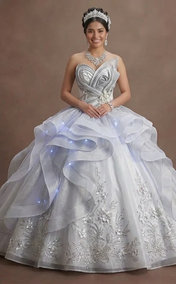 Quinceañera Dress White Silver Organza Modern Princess - Image 2