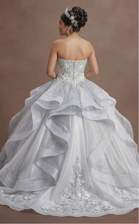 Quinceañera Dress White Silver Organza Modern Princess - Image 3