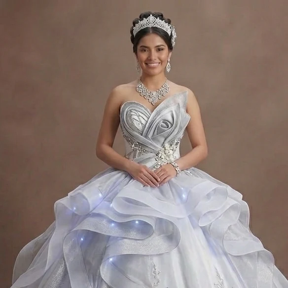Quinceañera Dress White Silver Organza Modern Princess - Image 4