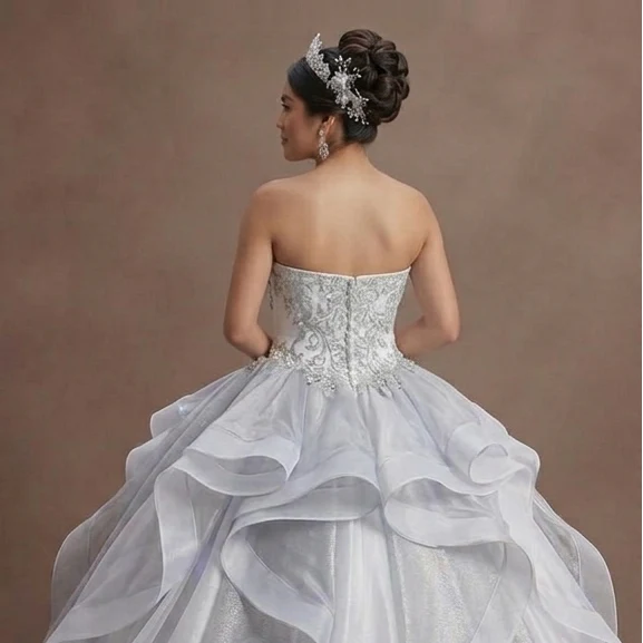 Quinceañera Dress White Silver Organza Modern Princess - Image 5