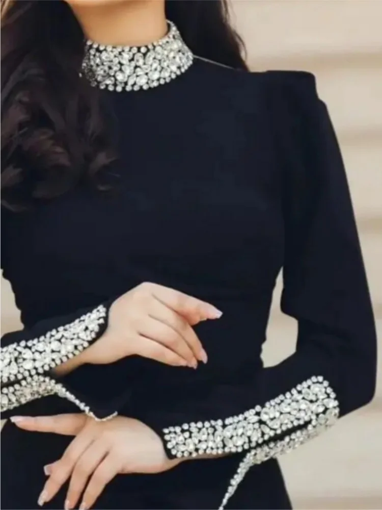 Red Black Color Women Long Sleeve Shinning Crystal Bodycon Long Bandage Dress Elegant Celebrate Evening Party Cocktail Dress