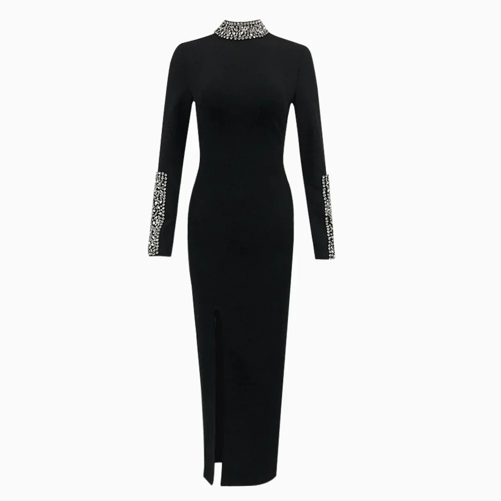 Red Black Color Women Long Sleeve Shinning Crystal Bodycon Long Bandage Dress Elegant Celebrate Evening Party Cocktail Dress - Image 2