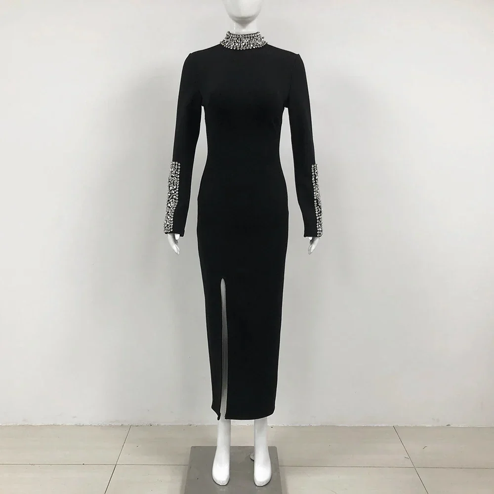 Red Black Color Women Long Sleeve Shinning Crystal Bodycon Long Bandage Dress Elegant Celebrate Evening Party Cocktail Dress - Image 3