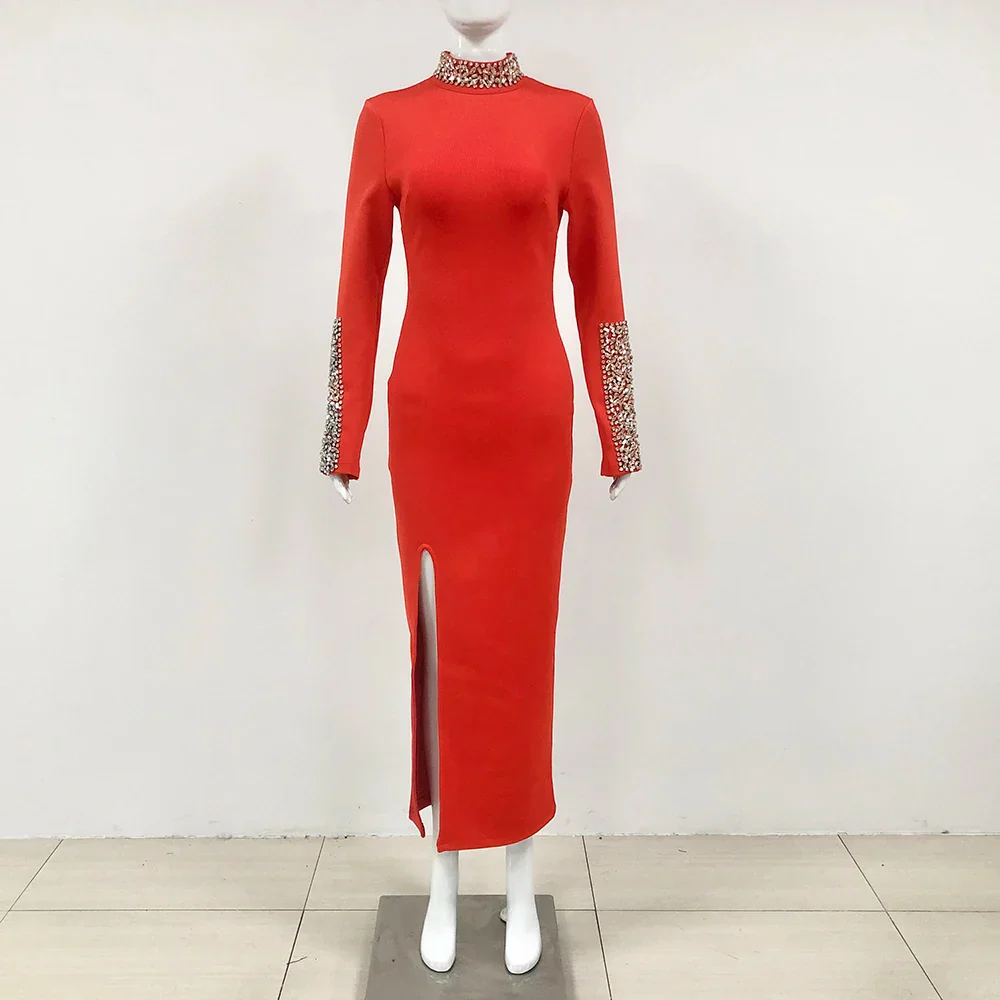 Red Black Color Women Long Sleeve Shinning Crystal Bodycon Long Bandage Dress Elegant Celebrate Evening Party Cocktail Dress - Image 4