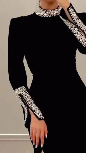 Red Black Color Women Long Sleeve Shinning Crystal Bodycon Long Bandage Dress Elegant Celebrate Evening Party Cocktail Dress - Image 6