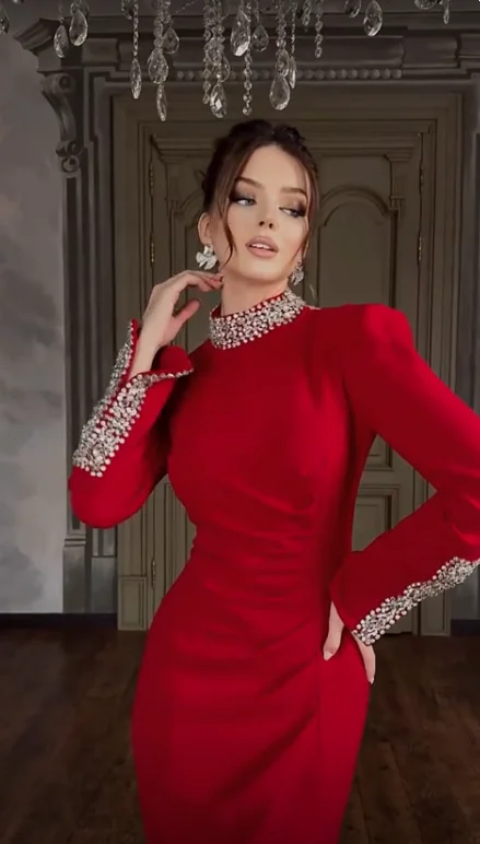Red Black Color Women Long Sleeve Shinning Crystal Bodycon Long Bandage Dress Elegant Celebrate Evening Party Cocktail Dress - Image 7